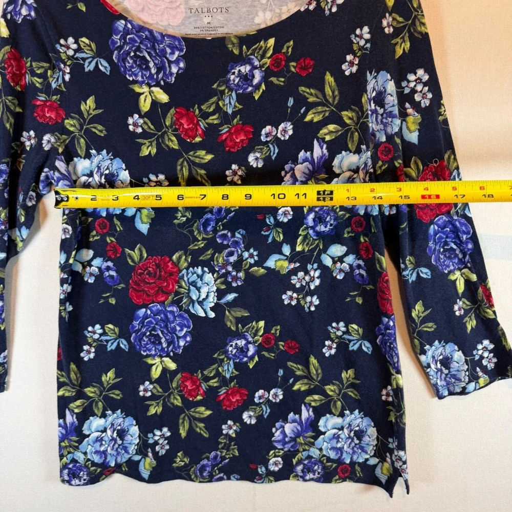 Talbots Womens Medium Navy Blue Floral Print 3/4 Sleeve Boat Neck Cotton Top - Picture 4 of 7